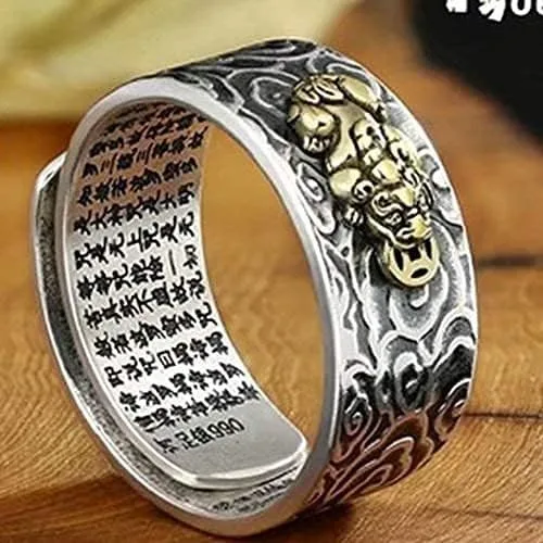 Miniatura 4 de JAJAFOOK Anillo de plata 990 FENG Shui antiguo Xiangyun PIXIU MANI Amuleto Anillo Lucky Wealth Budista Mantra Joyería, ajustable, Metal, Zirconia