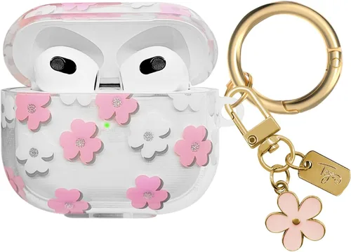 Miniatura 16 de Funda compatible con AirPods 3 2021, TPU suave con bonito patrón de flores para AirPods de 3ª generación con llavero de flores y mosquetón para Negro