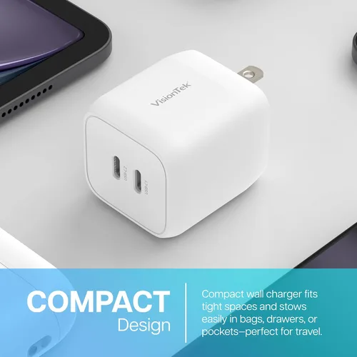 Miniatura 2 de VisionTek GaN II - Cargador rápido de pared de 45 W, puertos USBC duales, 2 veces USB-C, compatible con MacBook Air, iPad, iPhone, Galaxy, Steam