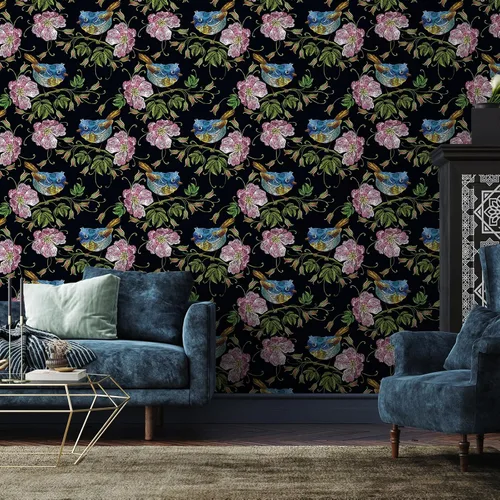 CHIHUT Papel tapiz bordado de 17.7 x 100 pulgadas, diseño floral de pájaro, color negro, rosa, flores silvestres, azul, Wren, papel tapiz