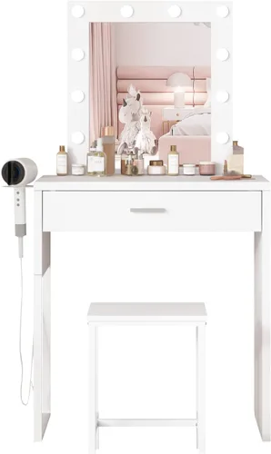 Miniatura 8 de Titoni Pequeño tocador de maquillaje con espejo y luces, escritorio blanco con silla, brillo ajustable, juego de mesa de maquillaje para dormitorio