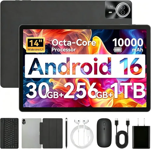 URAO Tablet | Tablet Android 15 de 14 pulgadas | 30 GB RAM 256 GB ROM | 1920 * 1200 IPS FHD | 10000mAh Carga rápida de 30W | Procesador Octa-core |
