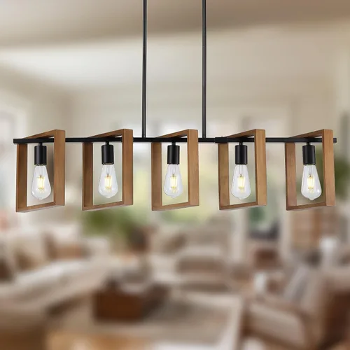 Miniatura 14 de 9MMML Lámpara de 3 luces para isla de cocina, lámpara de comedor negra, con marco de madera, para sala de estar, vestíbulo, entrada, pasillo, E26