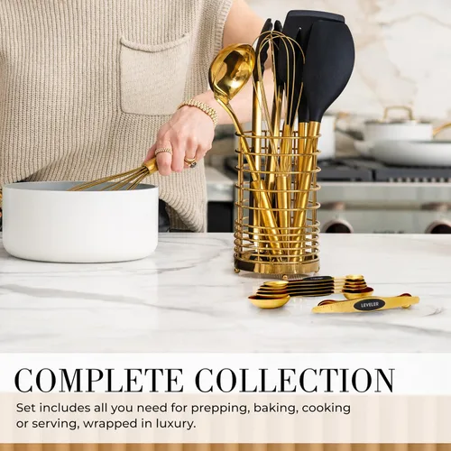 Miniatura 3 de Juego de utensilios de cocina negro y dorado de Styled Settings – Juego de cocina de 15 piezas incluye utensilios de silicona negros, soporte