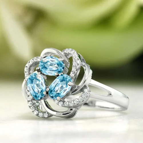 Miniatura 57 de Gem Stone King Flower Blossom Gemstone Birthstone Ring in 925 Sterling Silver 3-Stone Oval 6X4MM with Sparkling Accents Wedding Anniversary