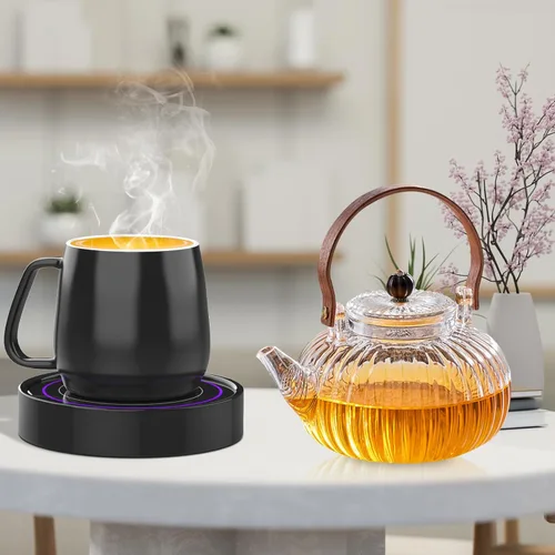 Miniatura 9 de Calentador de café con juego de tazas, calentador eléctrico de tazas para escritorio, oficina, uso doméstico, calentador de velas con interruptor