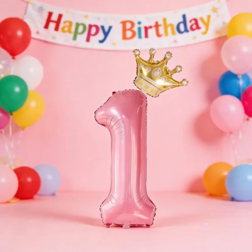 Miniatura 2 de Juego de corona de globos rosa del número 1 de 40 pulgadas, globos de primer cumpleaños para niñas, decoraciones de fiesta de primer cumpleaños
