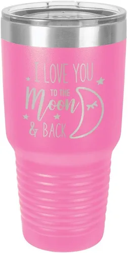 Miniatura 14 de Vaso azul de 30 onzas con popote y tapa superior deslizante con texto en inglés "I love you to the moon and back", taza de viaje de acero inoxidable