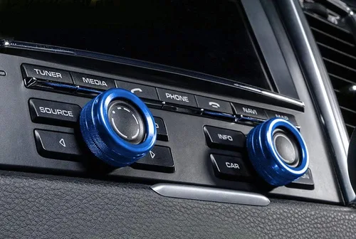 Miniatura 7 de iJDMTOY 2 cubiertas de anillo de aluminio deportivo azul con control de clima y radio para girador de volumen de radio compatibles con Porsche 2014