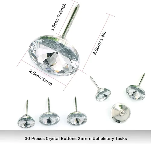 Miniatura 3 de Together-life 30 piezas de botones de imitación de 0.984 in para coser clavos de tapicería de cristal transparente, tachuelas de diamantes