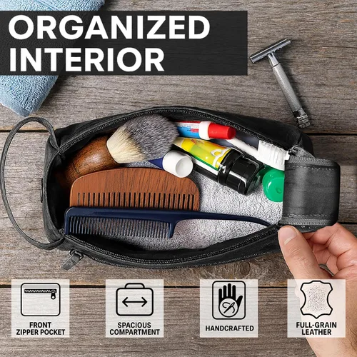 Miniatura 4 de Bolsa de cuero lavable Rustic Town para hombres - Neceser de viaje - Kit de afeitado y dopp kit organizador - Bolsa de maquillaje de cuero para Negro