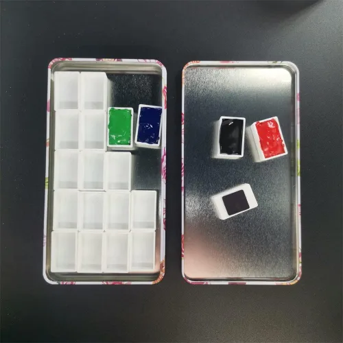 Miniatura 4 de Paleta de lata vacía de acuarela vacía caja de pintura de metal que contiene 20 piezas de plástico completo sartenes con rayas magnéticas en la Rosa
