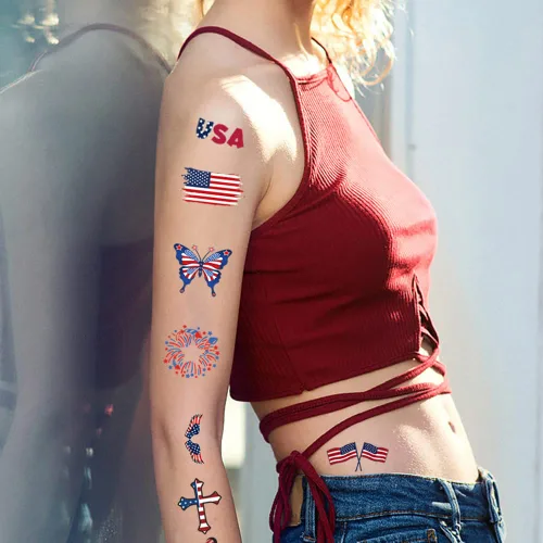 Miniatura 6 de Tatuaje temporal del 4 de julio, 10 hojas de calcomanías impermeables para el Día de la Independencia, bandera estadounidense, sombrero de águilas