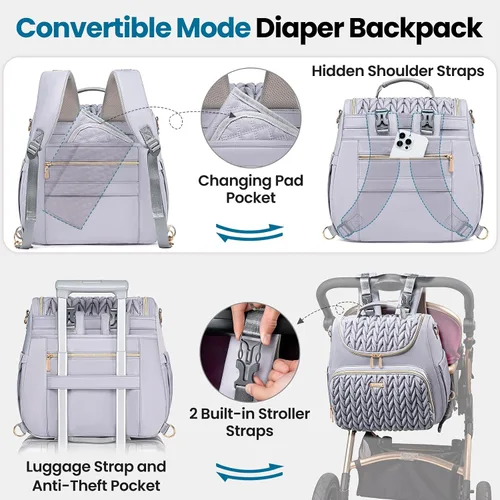 Miniatura 4 de Mochila de pañales Tealari convertible de 4 en 1, bolsa de pañales impermeable para bebé con cambiador, se convierte en bolso de mano para bebé, Gris