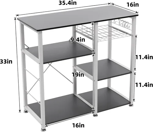 Miniatura 2 de SDHYL Barra de café, estante para panaderos de 35 pulgadas, soporte para microondas con 5 estantes de almacenamiento, ganchos colgantes, estantes