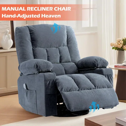 Miniatura 8 de Silla reclinable con portavasos para sala de estar, reclinable manual de tamaño grande con asiento individual, ergonómico, bolsillo lateral