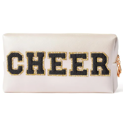 Miniatura 15 de Y1tvei Preppy Patch BATH Letter - Neceser de cuero PU para cosméticos, bolsa de maquillaje portátil cosida con parches de letras universitarias