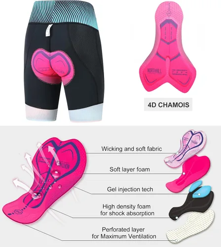 Miniatura 4 de NORTHHILL Pantalones cortos de ciclismo acolchados para mujer, pantalones cortos de ciclismo de cintura alta con forro 4D acolchado de gel Spin