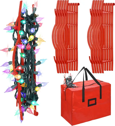 RUODON Paquete de 12 soportes de almacenamiento de luces de Navidad con bolsa de almacenamiento, cuerda colgante, organizador de cuerda para colgar,
