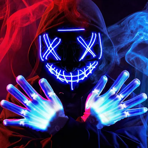 JOYIN Máscara LED de Halloween, máscara de luz y guantes para disfraz de cosplay (azul), 3 modos de máscaras aterradoras que brillan en la oscuridad