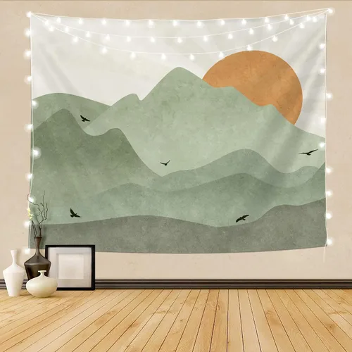 Miniatura 8 de SUOTEMEIFEI Tapiz bohemio verde salvia con sol de montaña, arte simple, paisaje de puesta de sol, paisaje, abstracto, estético, decoración de pared