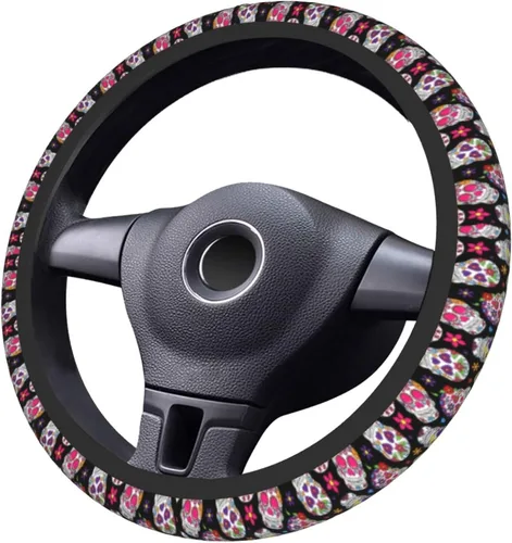 Miniatura 3 de Funda para volante para mujeres y hombres, Día de los Muertos, calavera de azúcar, Halloween, colorido, protector de volante de neopreno, ajuste
