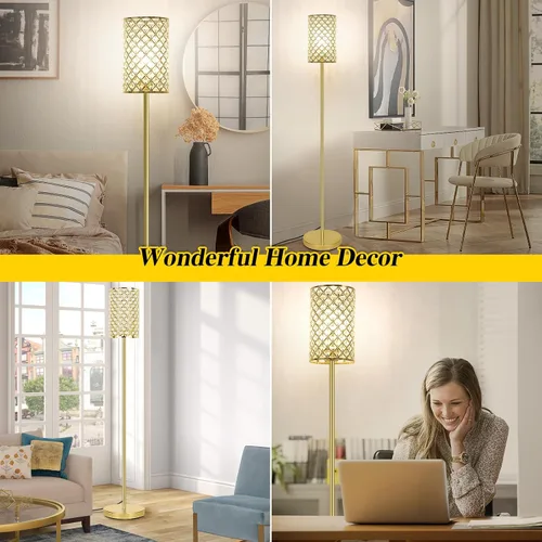 Miniatura 6 de Lámpara de pie dorada, lámpara de pie de cristal con pantalla decorativa, lámpara de pie con interruptor de pie de encendido/apagado y base E26