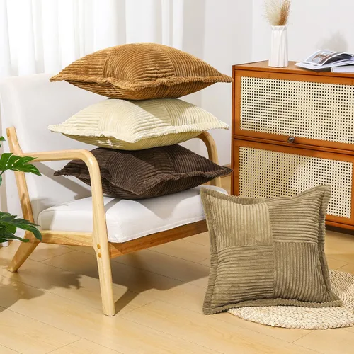 Miniatura 6 de Lewondr - Juego de 4 fundas de almohada de pana de 20×20 pulgadas, fundas de almohada cuadradas suaves, fundas de almohada decorativas con rayas