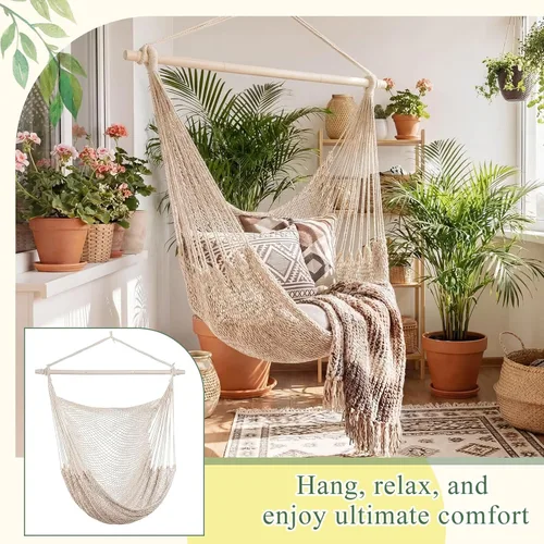 Miniatura 4 de Barydat 2 sillas colgantes tipo hamaca estilo bohemio, para exteriores e interiores, cómoda cuerda de algodón suave, con barras de metal Beige
