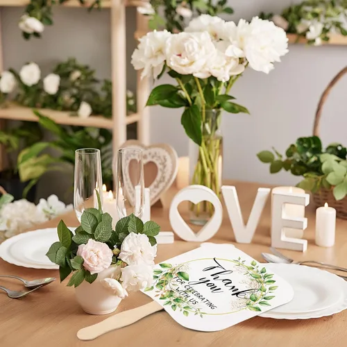 Miniatura 4 de Tradder 50 abanicos de papel de mano de boda a granel con mango de madera para invitados, regalos de despedida de soltera, hojas verdes, gracias por