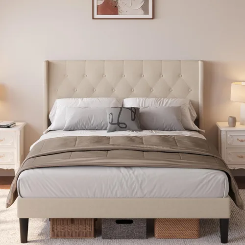 Miniatura 9 de Aiho Base de cama de tamaño matrimonial con cabecera copetuda con botones en la parte trasera, base de cama tapizada, soporte de listones de madera