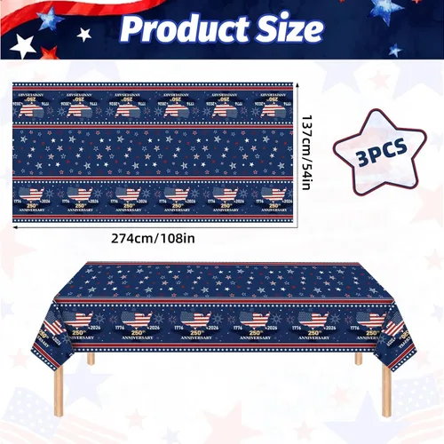 Miniatura 2 de 3 manteles de plástico de 54 x 108 pulgadas, manteles de plástico desechables rectangulares para el Día de la Independencia de Estados Unidos
