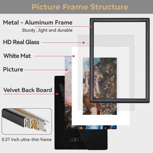 Miniatura 4 de 9x12 Picture Frame Set of 4, Matted Black Simple Modern Brushed Thin Aluminum Metal Photo Frame Fits 6x8 with Mat or 9 x 12 without Mat Vertical and