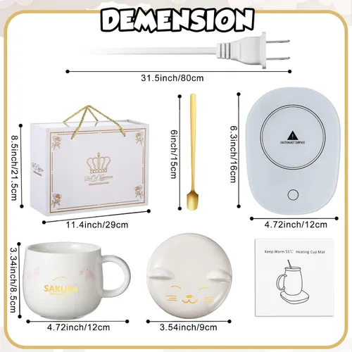 Miniatura 3 de Honeydak Juego de tazas de café, calentador de tazas de gato lindo para mujeres, calentadores de café con calefacción para mamá, oficina en casa