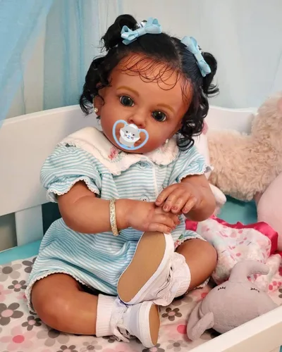 Miniatura 4 de Angelbaby Muñecas de bebé recién nacidas realistas de niña negra con pelo de 24 pulgadas, muñeca de bebé recién nacida afroamericana con aspecto