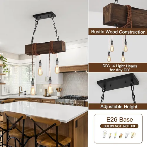 Miniatura 4 de KEESFU 4 luces colgantes de granja para isla de cocina, luz colgante de techo de madera rústica, altura ajustable, lámpara de comedor para isla