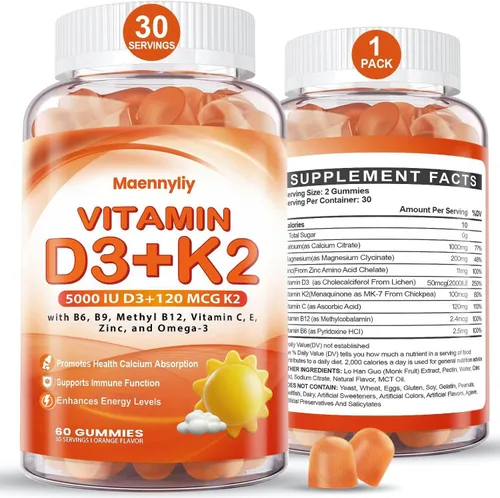 Miniatura 8 de Gomitas de vitamina D3 K2 para adultos – Vitamina D3 5000IU + K2 (MK-7) 120mcg – Suplementos D3 y K2 sin azúcar con omega-3, metilo B12, B9, B6
