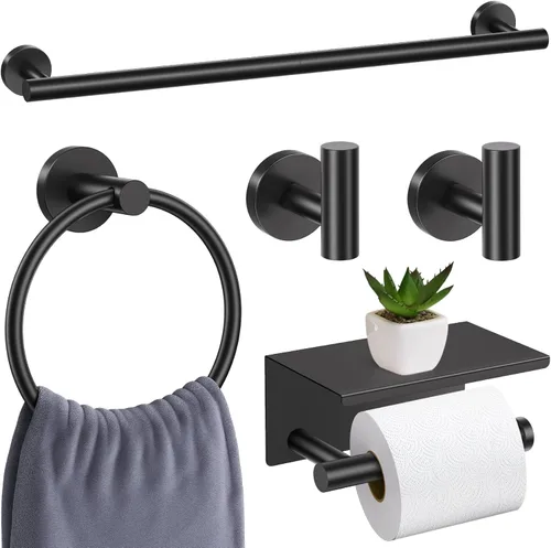 Miniatura 15 de Juego de 5 accesorios de baño negro mate, juego de toallero de 23.6 pulgadas, soporte de papel higiénico de acero inoxidable, toalleros redondos