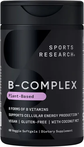 Sports Research® Complejo de vitamina B, espectro completo de vitaminas B con B12 metilado y folato, sin gluten, a base de plantas, sin OMG, fórmula