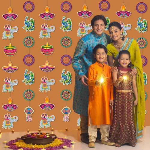 Miniatura 5 de Ceenna 8 piezas de decoración colgante Happy Diwali suministros de decoración india festival de luces colgante banner de sutura Deepavali papel