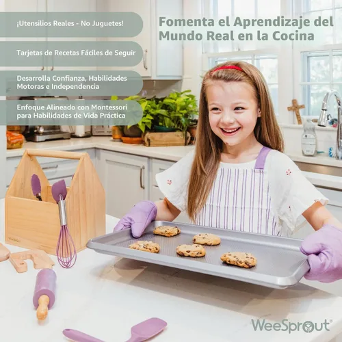 Miniatura 5 de WeeSprout Little Chef - Juego de cocina y hornear para niños, juego de cocina de 14 piezas con herramientas de cocina reales y delantal para niños