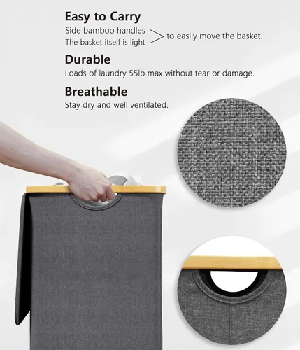 Miniatura 7 de SUOCO Cesta de lavandería con tapa, cesta de ropa de 29 galones (110 litros) con asas de bambú, cesta grande plegable para la ropa sucia para Gris