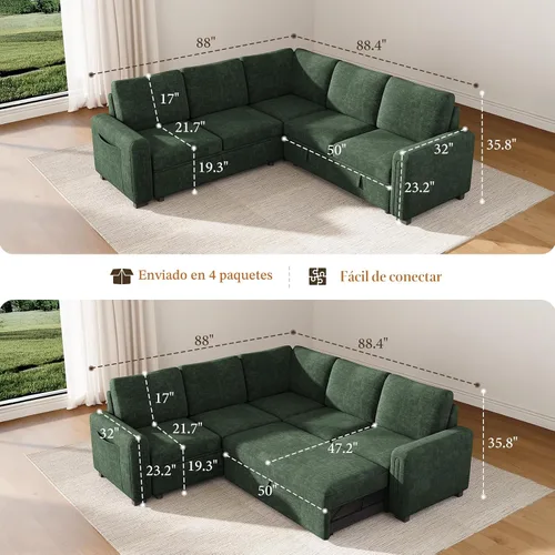 Miniatura 2 de Vesgantti Sofá Seccional con Cama de 88.4" con Cama Extraíble, Sofá Seccional Modular en Forma de L de 5 Asientos con Almacenamiento, Cómodo Sofá