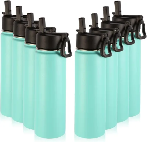 Botellas de agua aisladas Volhoply con pajilla a granel, paquete de 8, de 22 onzas (650 ml), botella deportiva de acero inoxidable con asa y tapa,