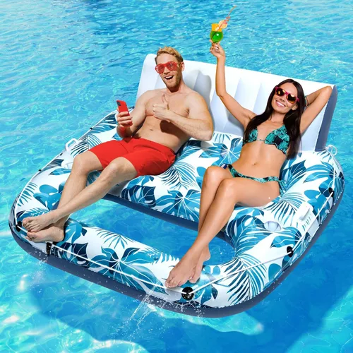 JCLEAL Flotadores de piscina para adultos de 1-2-3 personas, tumbona inflable extra grande, silla reclinable reclinable con respaldo, reposapiés,