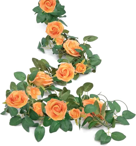 Miniatura 2 de U'Artlines Paquete de 3 guirnaldas florales de vid de color naranja artificiales en total de 19.5 pies, guirnalda de flores de seda de vid falsa