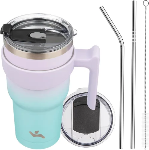 Miniatura 28 de Konokyo - Vaso de 10 onzas con asa y 2 popotes, 2 tapas, botella de agua aislada de acero inoxidable, taza de viaje reutilizable, color verde militar
