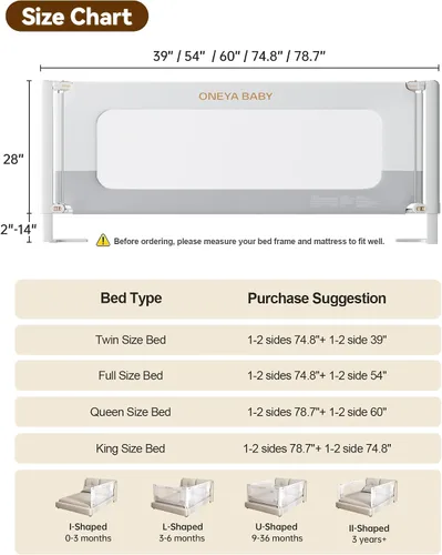 Miniatura 8 de Barandilla de cama para niños pequeños, protector de riel de cama de bebé grueso y reforzado para cama individual con bloqueo doble para niños