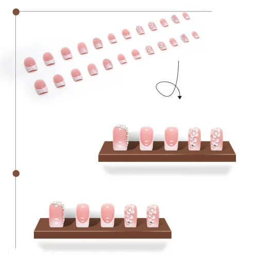 Miniatura 5 de 24 uñas postizas a presión de punta francesa, uñas acrílicas medianas falsas/falsas con diamantes de imitación de flores, diseños de punta francesa