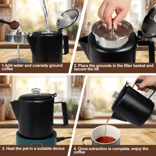 Miniatura 9 de Percolador de 6 Tazas de Acero Inoxidable 304 Cafetera Máquina de Café con Mango de Madera Sólida Perilla Transparente Estufa Greca Mocha